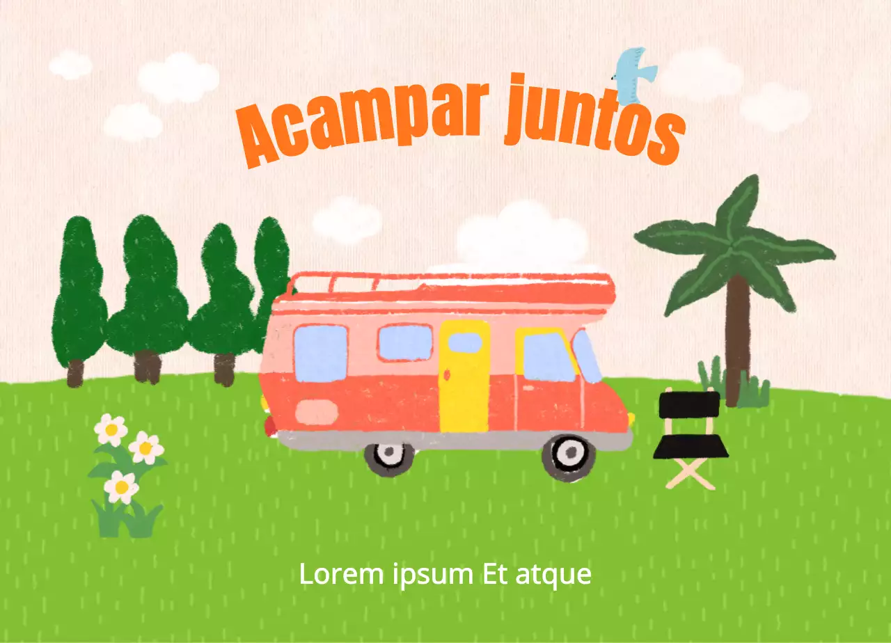 Loja de aluguer de autocaravanas com ilustrações coloridas de parques de campismo