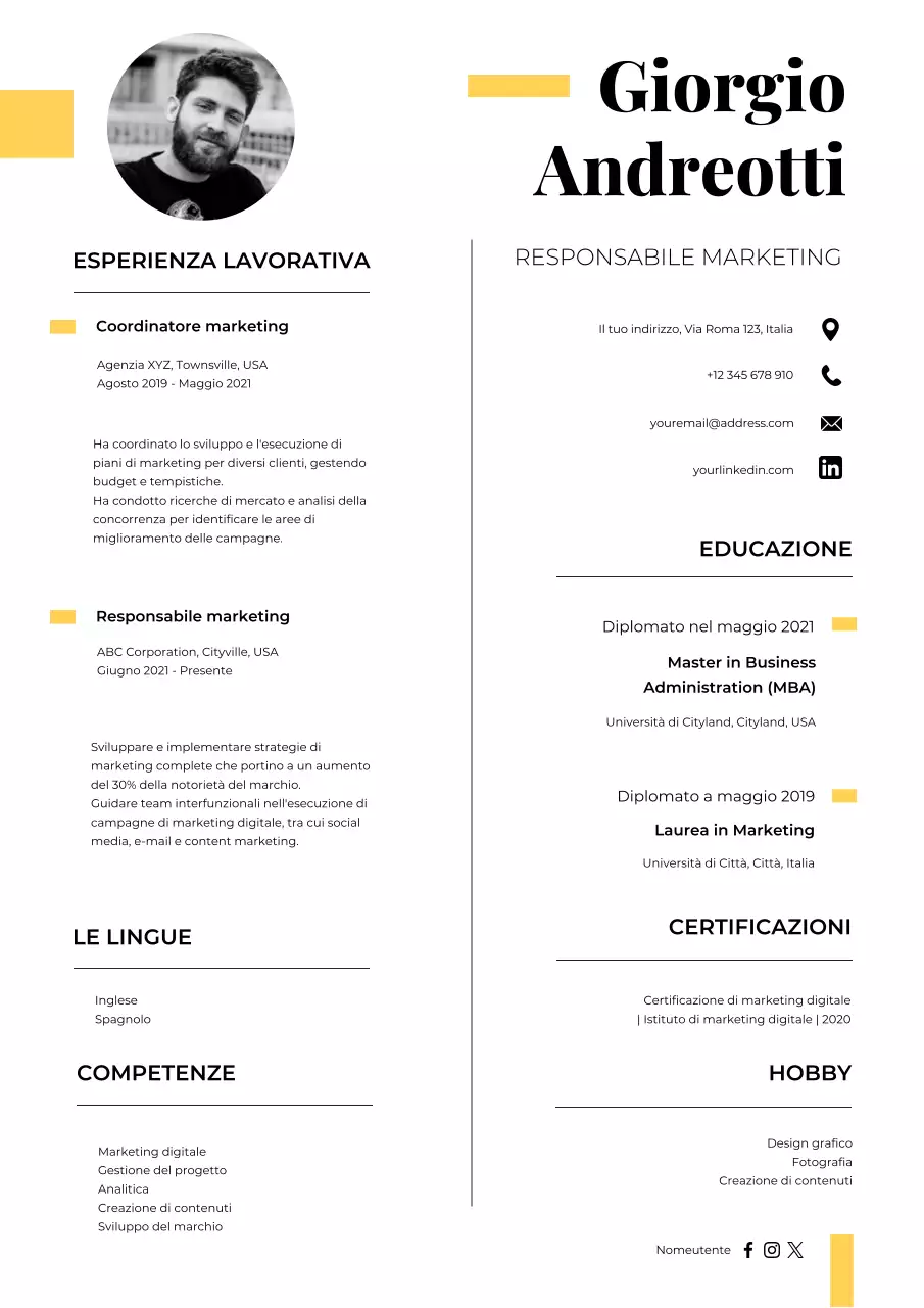 Curriculum del Marketing Manager bianco e minimale