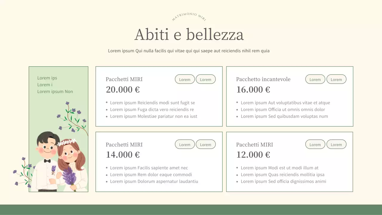 Grazioso piano di marketing per wedding planner in verde e avorio