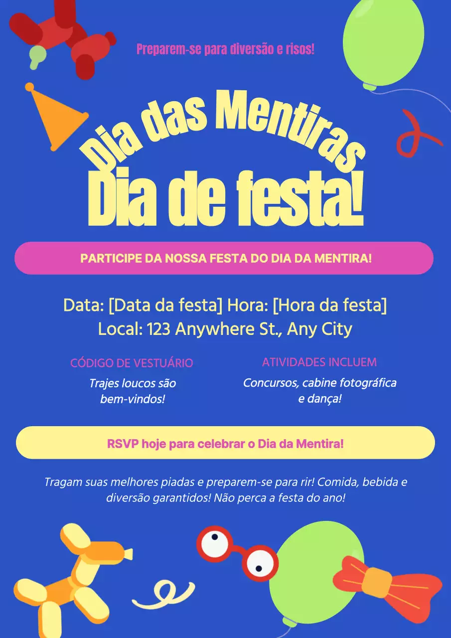 Convite moderno azul e amarelo para a festa do Dia da Mentira