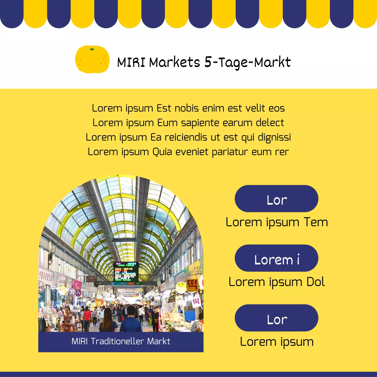 Werbung für einen modernen traditionellen Markt in Rot und Marineblau