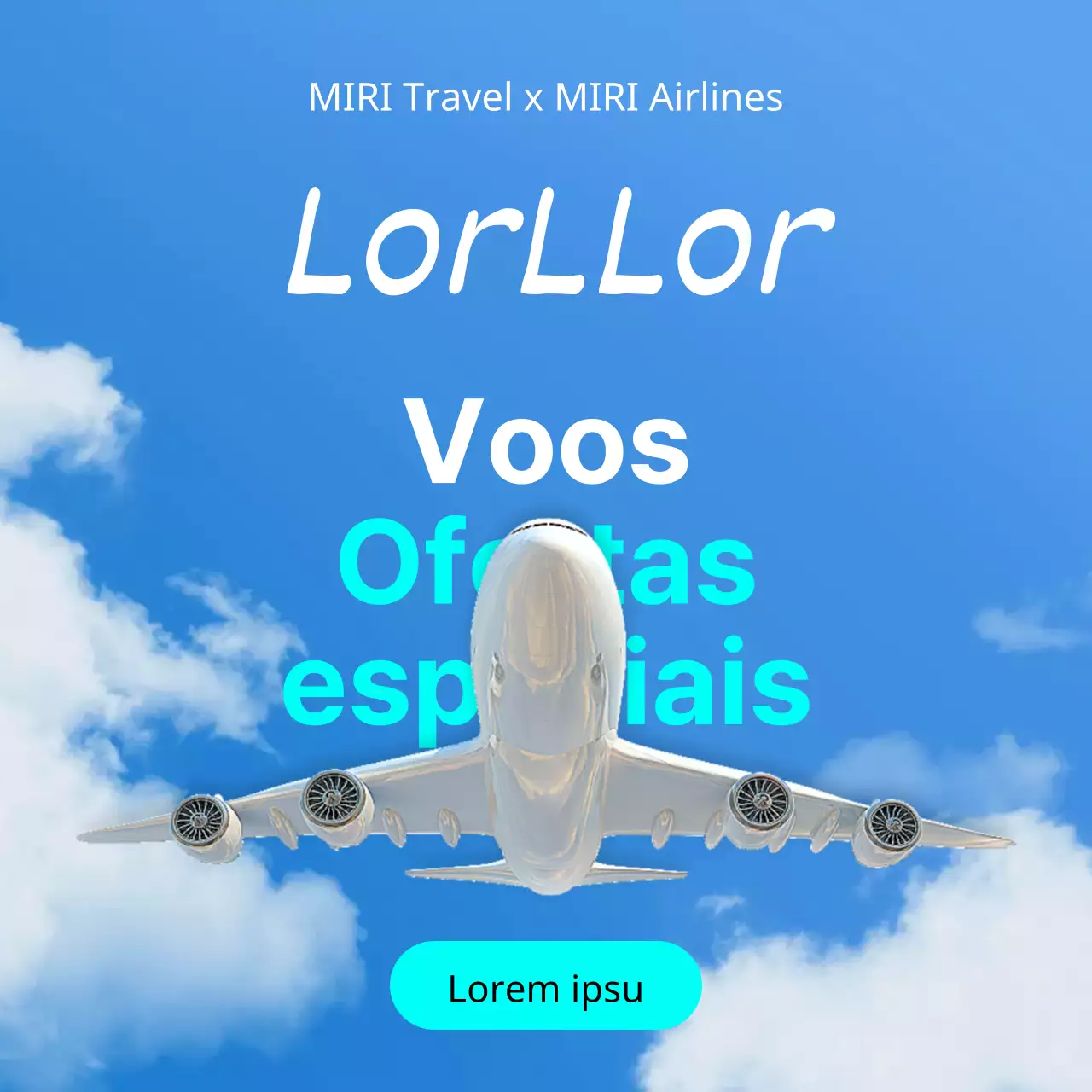 Um simples anúncio de venda de bilhetes de avião em azul claro e branco