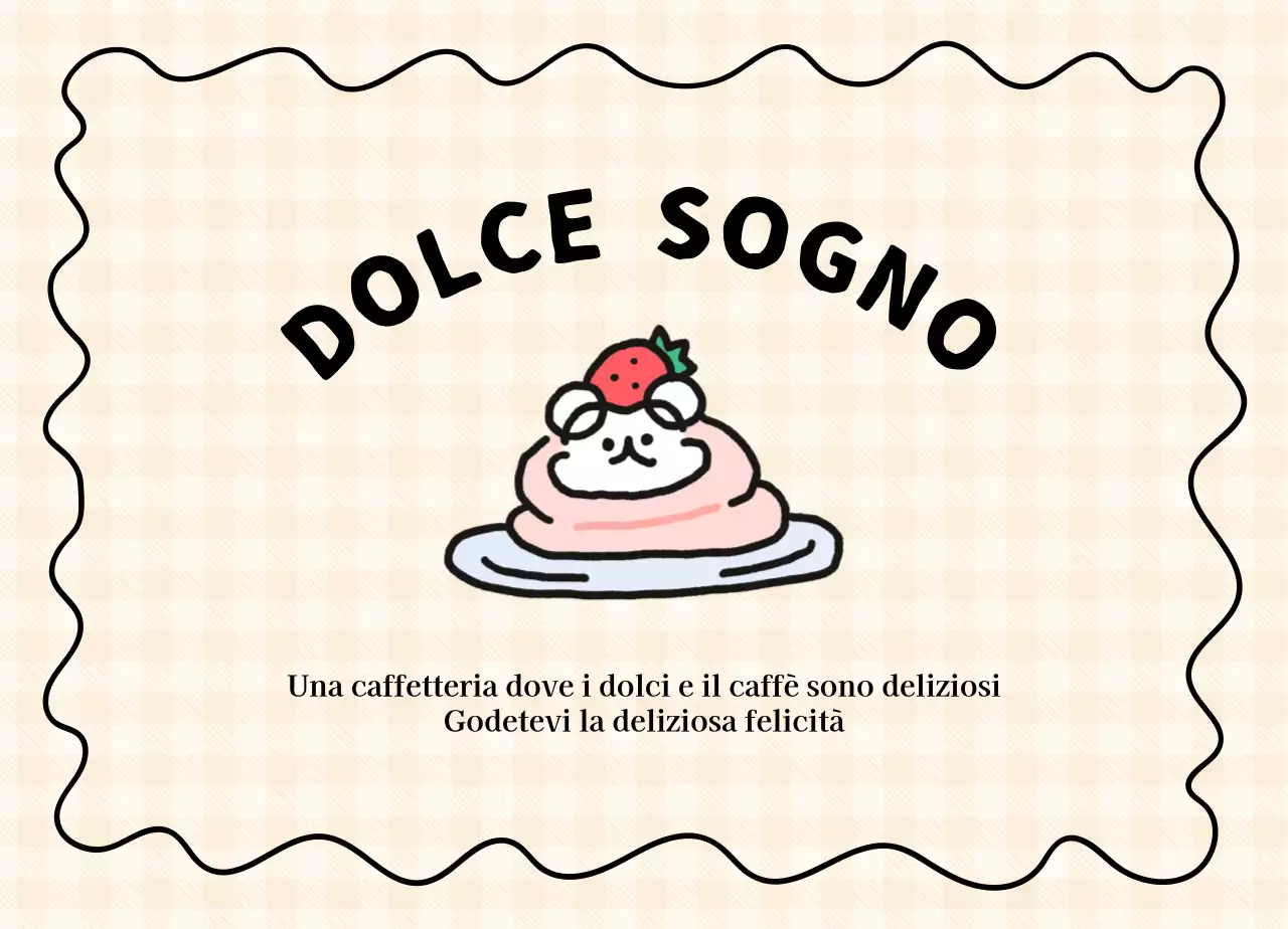 Un caffè per dolci semplice e carino con illustrazioni di dolci e cuccioli