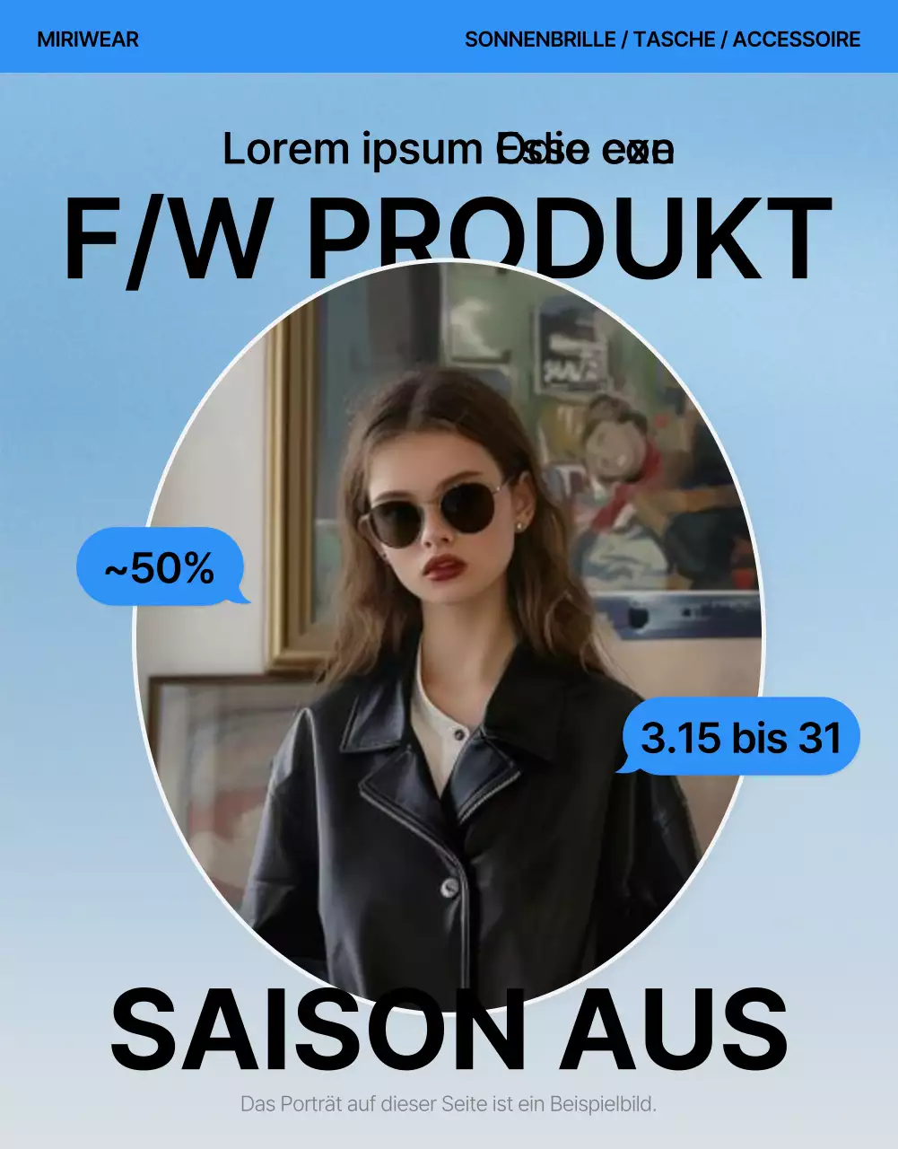 Fördern Sie eine trendige blau-weiße Mode-Detailseite