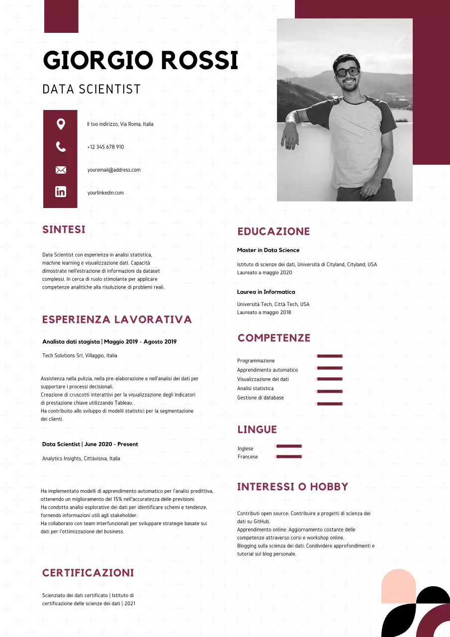 Curriculum moderno dello scienziato dei dati bianco e rosso