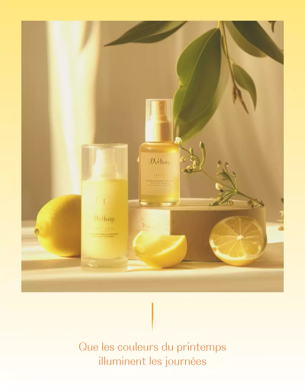 Promouvoir une mise en page simple de photos de soins de la peau et de cosmétiques en jaune et orange