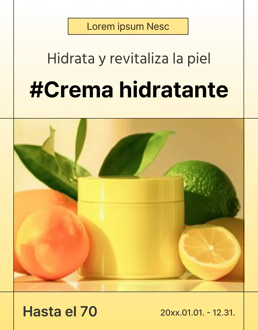 Portada de anuncio sencillo de cosméticos para el cuidado de la piel en amarillo y naranja