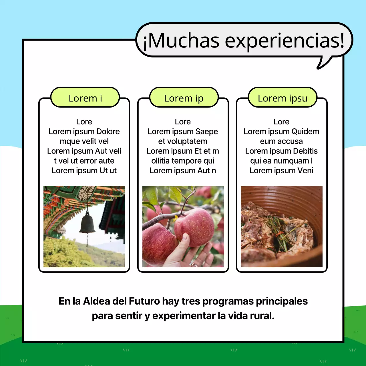 Una guía sencilla de experiencias rurales en verde y azul claro