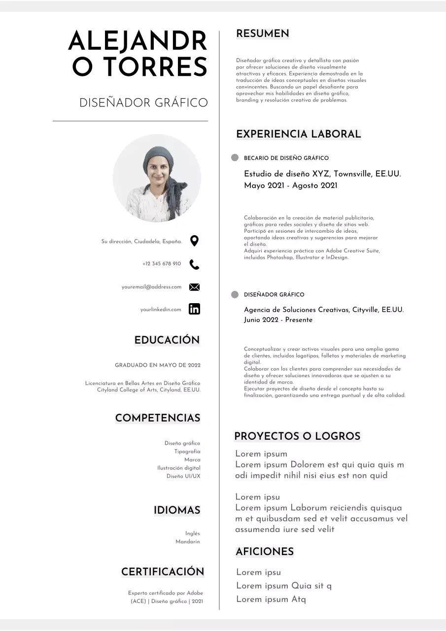Currículum vitae gris minimalista de diseñador gráfico