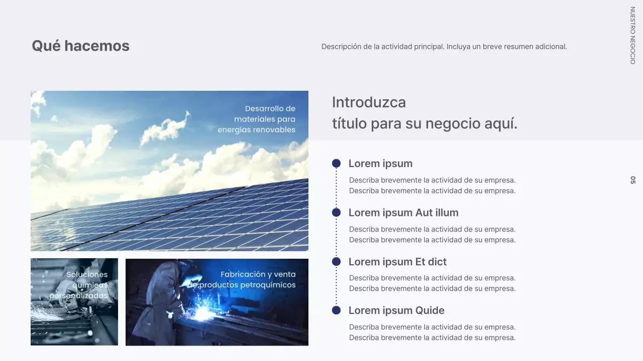 Carta de presentación de empresa con una fábrica moderna en blanco y negro y azul marino