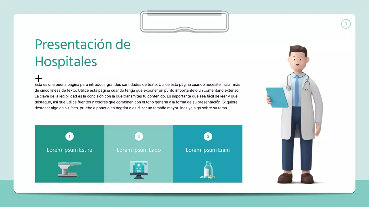 Un sencillo folleto hospitalario en 3D, estilo carpeta, en color menta