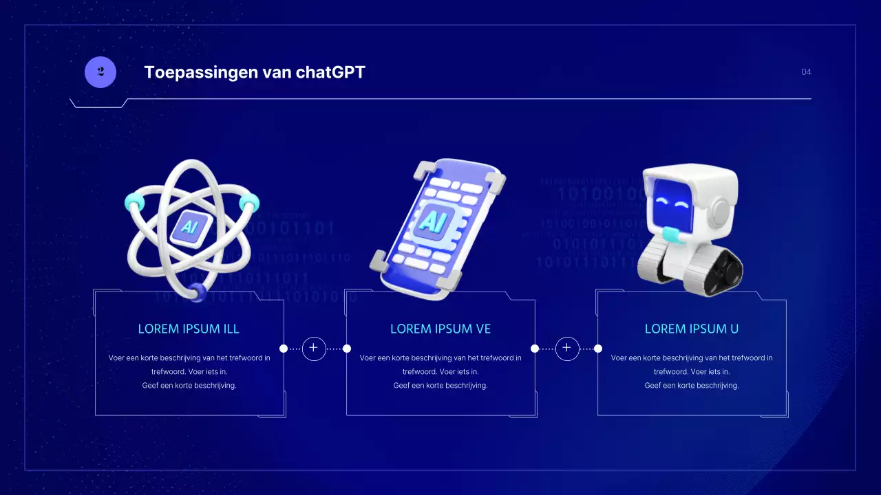 Een cybernetische AI-presentatie in blauwe en fluorescerende kleuren