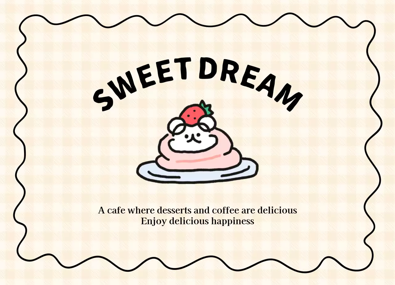 Kafe pencuci mulut yang imut dan sederhana dengan ilustrasi permen dan anak anjing