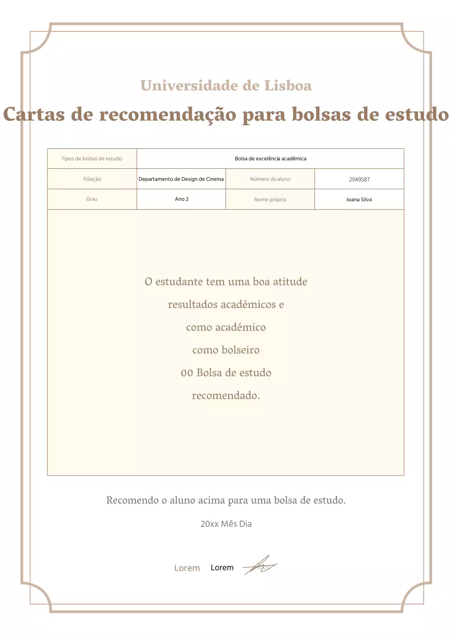 Acerca da Carta de Recomendação Simples para Bolsas de Estudo em castanho e marfim
