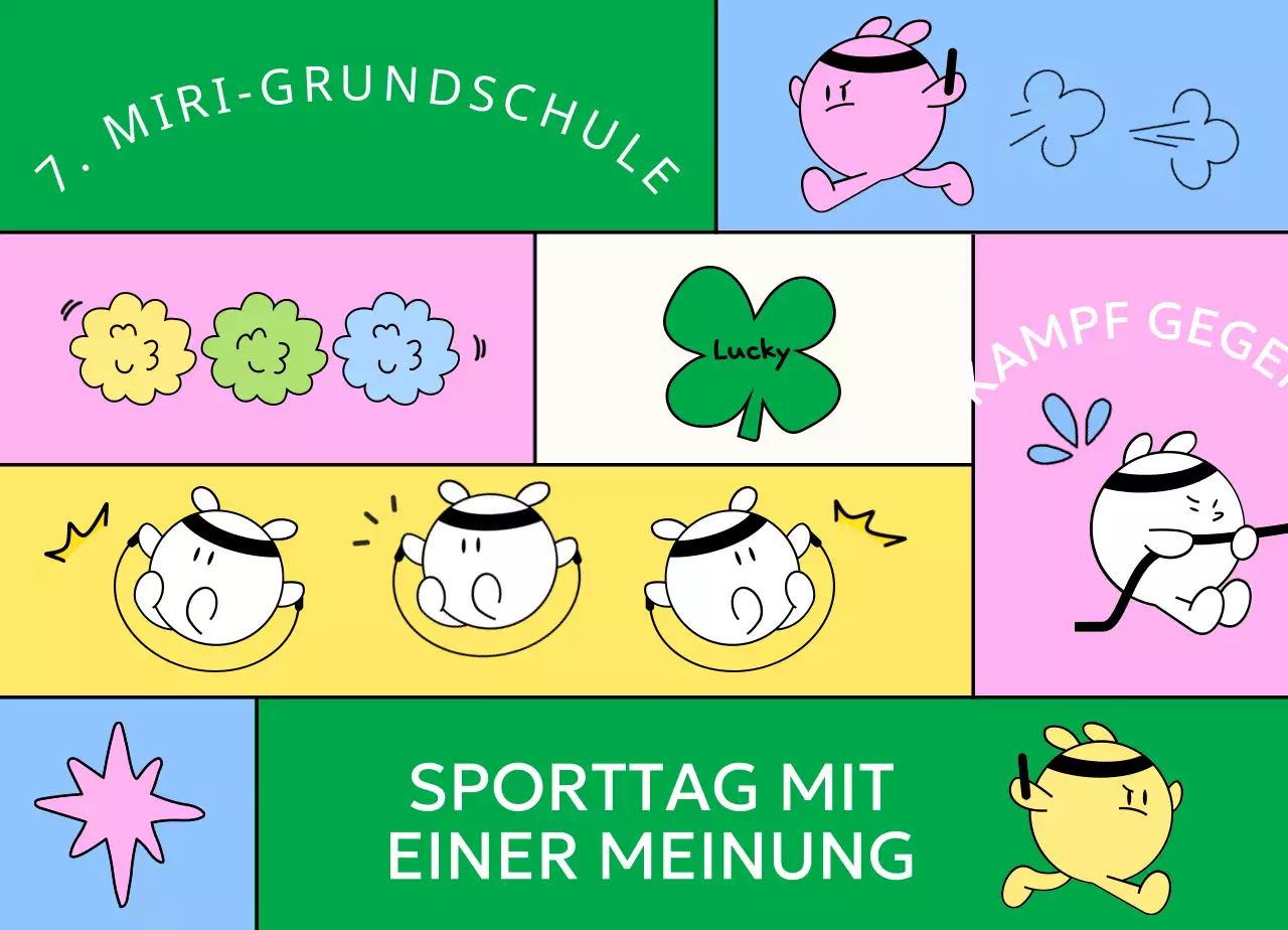 Sporttag in der Grundschule mit niedlichen Figuren, die trainieren