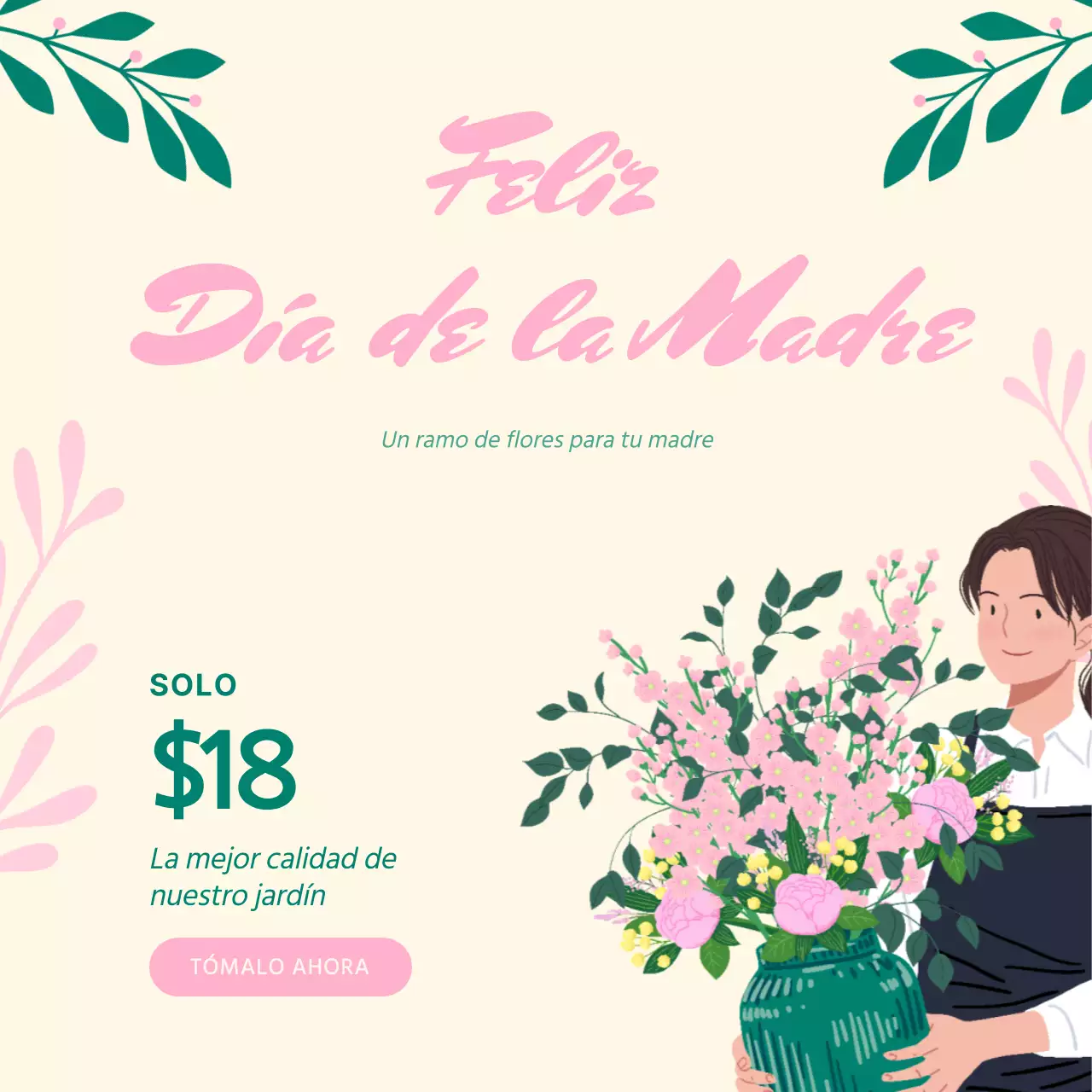 Ramo de flores beige y verde con encanto Feliz Día de la Madre Publicidad