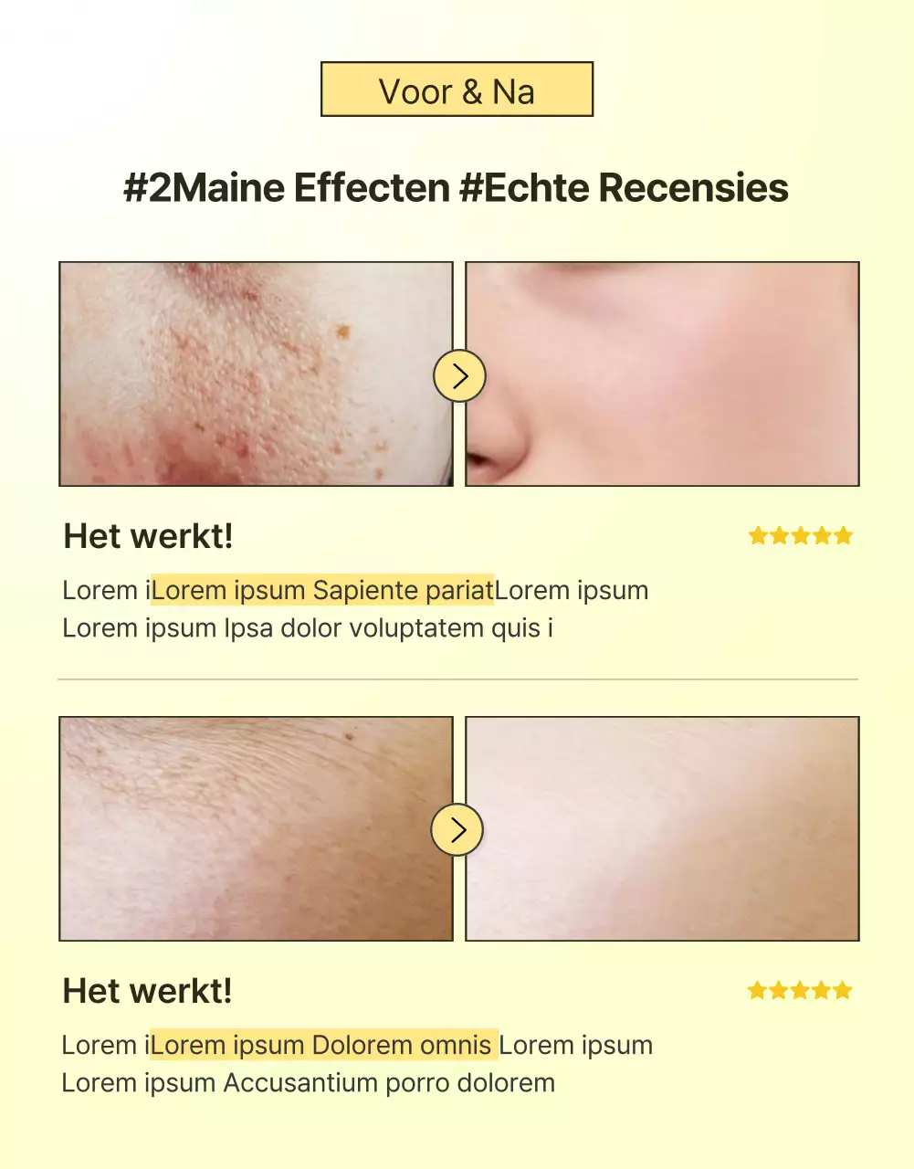 Een eenvoudige gele en oranje pagina met reviews over huidverzorgingscosmetica promoten
