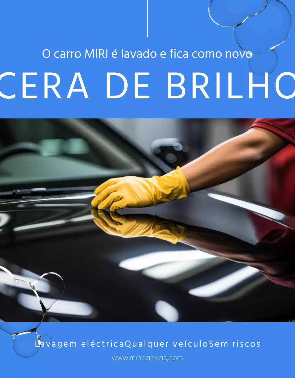 Anúncio minimalista de um produto de lavagem de carros com fundo azul