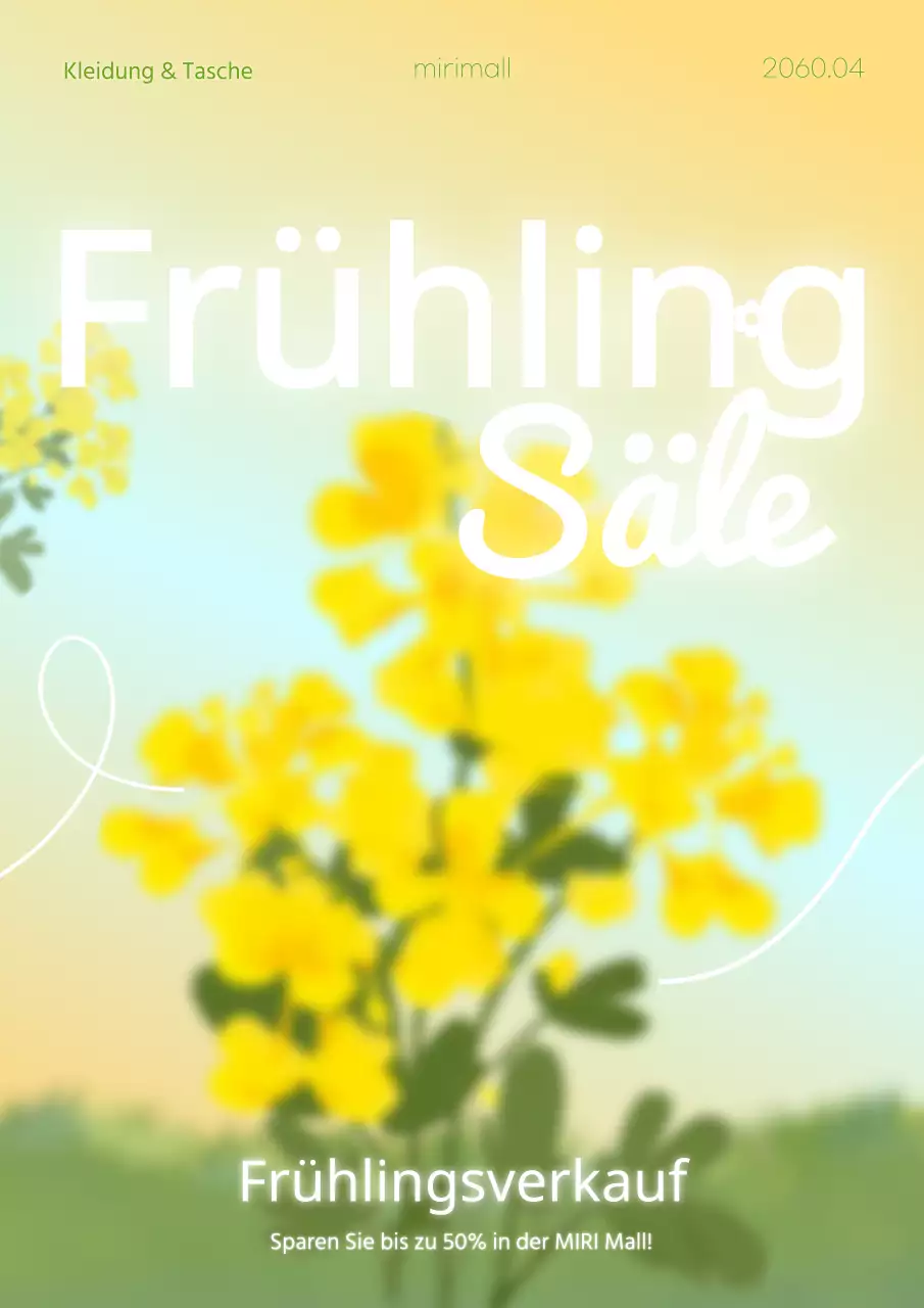 Ein stilvolles gelb-weißes Plakat, das für den Frühlingsausverkauf im Einkaufszentrum wirbt.