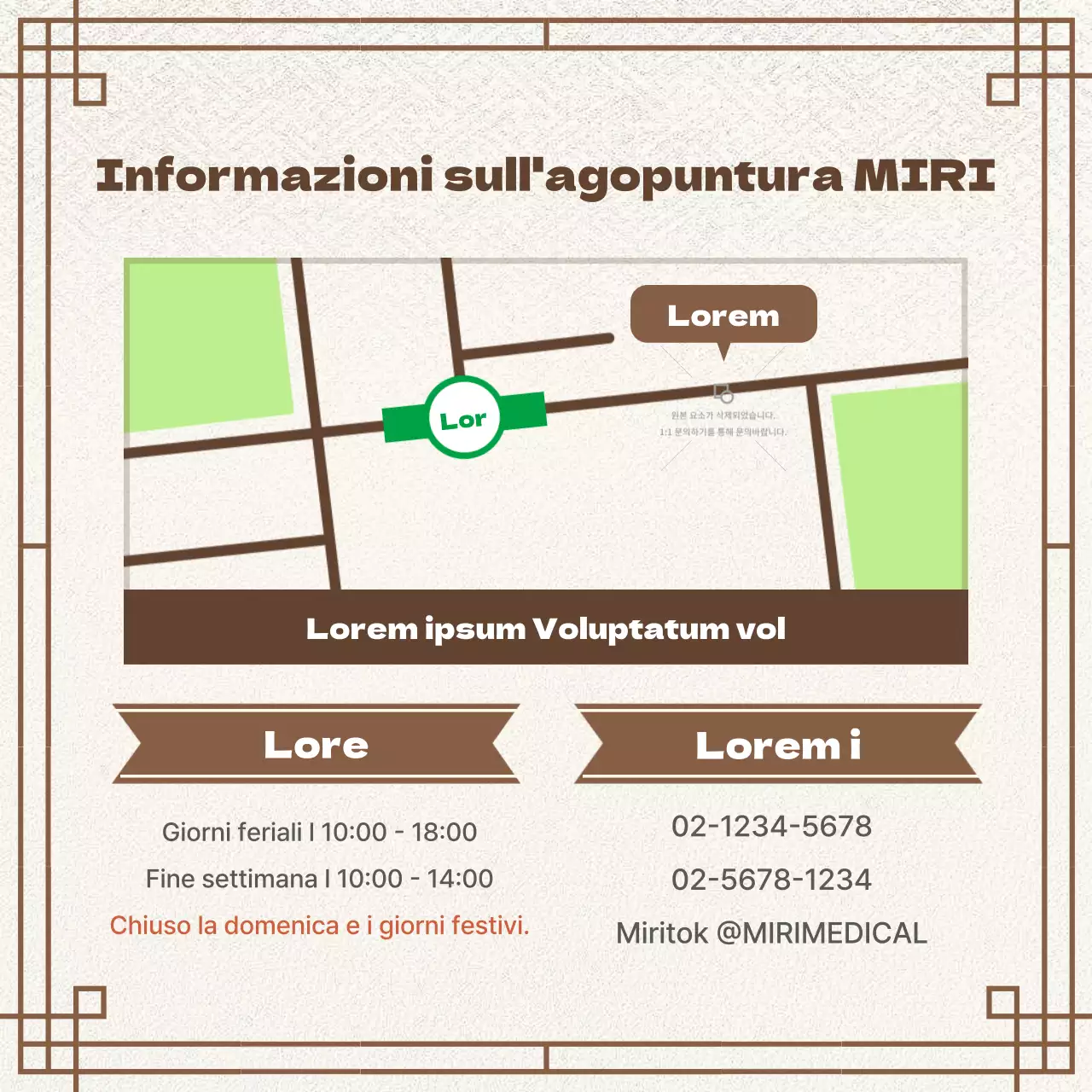 Pubblicità marrone, orientale, di prescrizione di erbe medicinali per una clinica cinese.