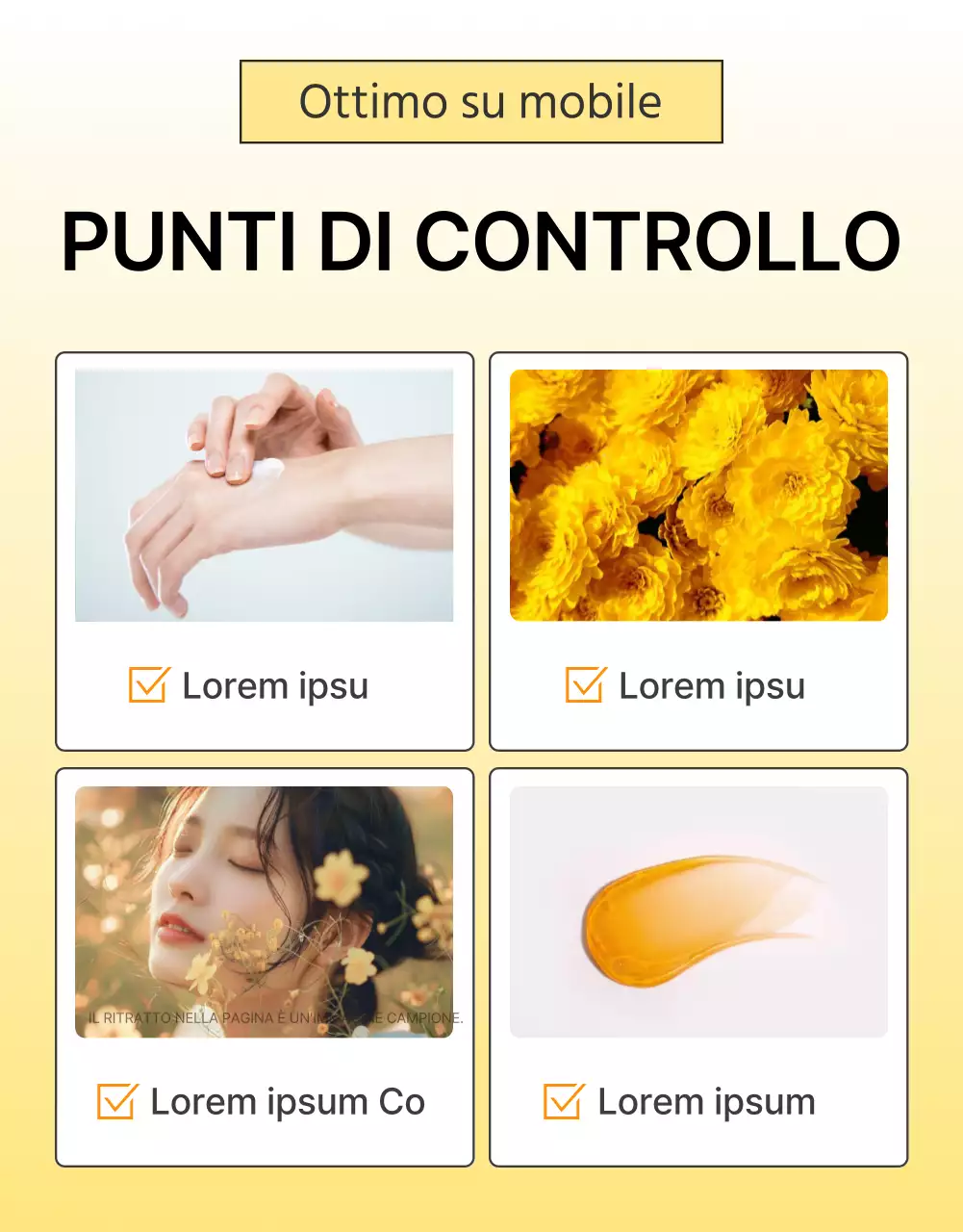 Promuovere una semplice pagina di controllo dei cosmetici per la cura della pelle in giallo e arancione
