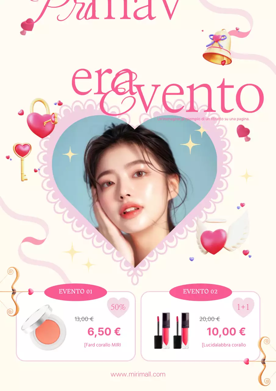 Volantino promozionale per un evento di vendita di cosmetici primaverili di colore rosa intenso