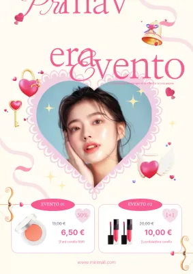 Volantino promozionale per un evento di vendita di cosmetici primaverili di colore rosa intenso