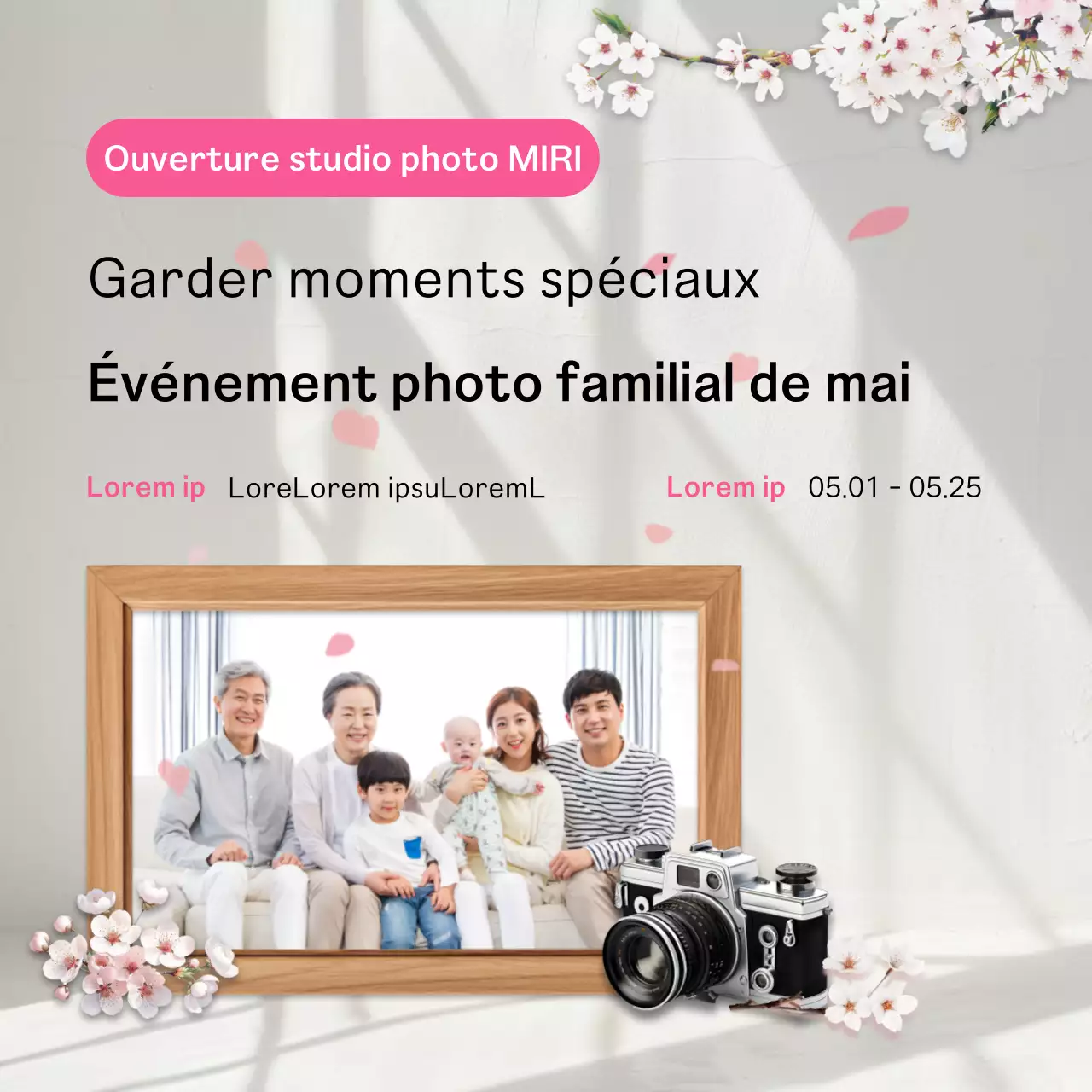 Annonce pour un événement photo de famille rose et blanc
