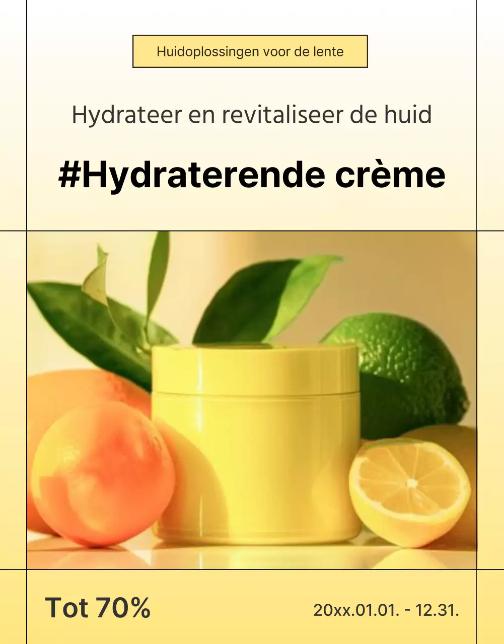 Eenvoudige gele en oranje cosmetica detailpagina cover advertentie
