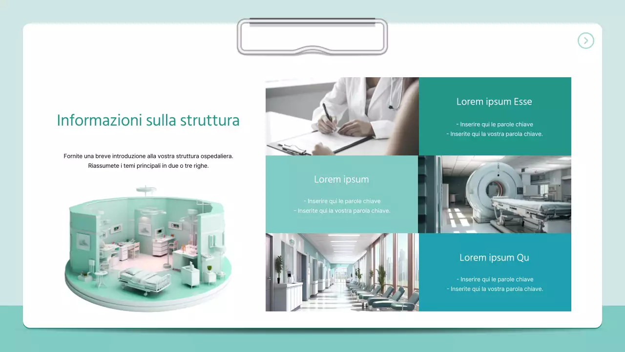 Un semplice prospetto ospedaliero in stile raccoglitore 3D con i colori della menta.