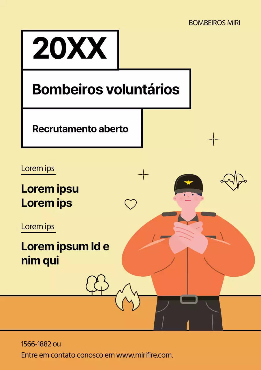 Anúncio simples de recrutamento de bombeiros fantasiados de amarelo e laranja
