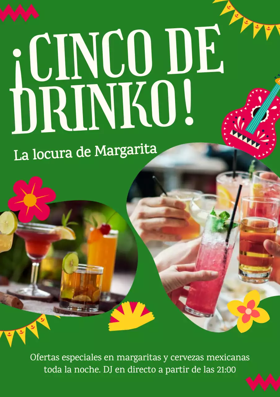 Moderno anuncio de cinco de dringos en verde y amarillo