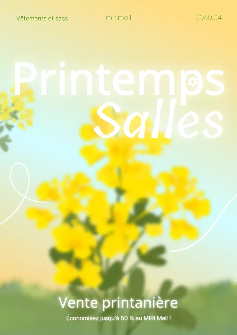 Une affiche jaune et blanche élégante faisant la promotion de la vente Spring Cheer du centre commercial.