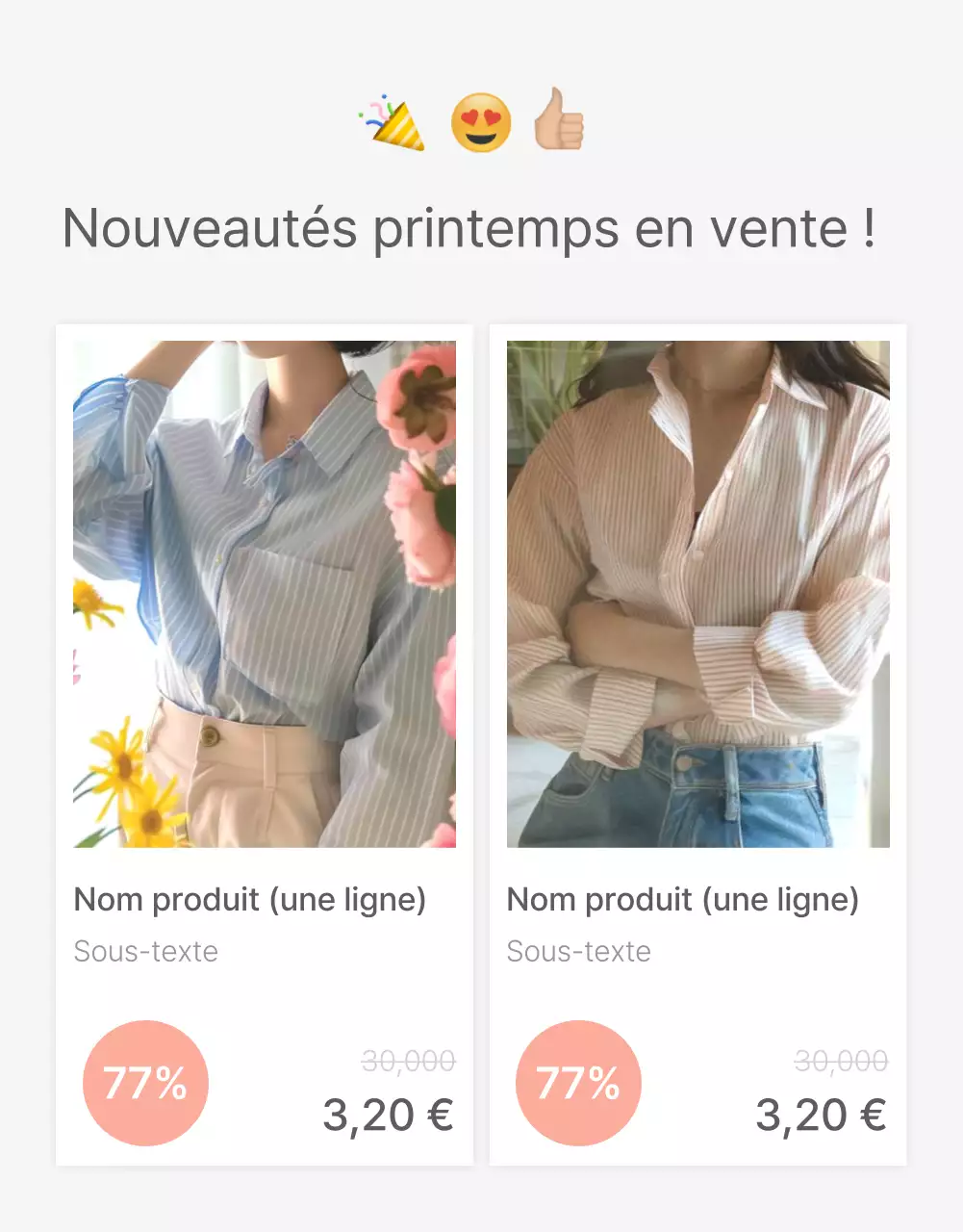 Descriptions détaillées de produits ou publicités pour un centre commercial de mode, décorées avec un style simple d'emojis blancs et gris.