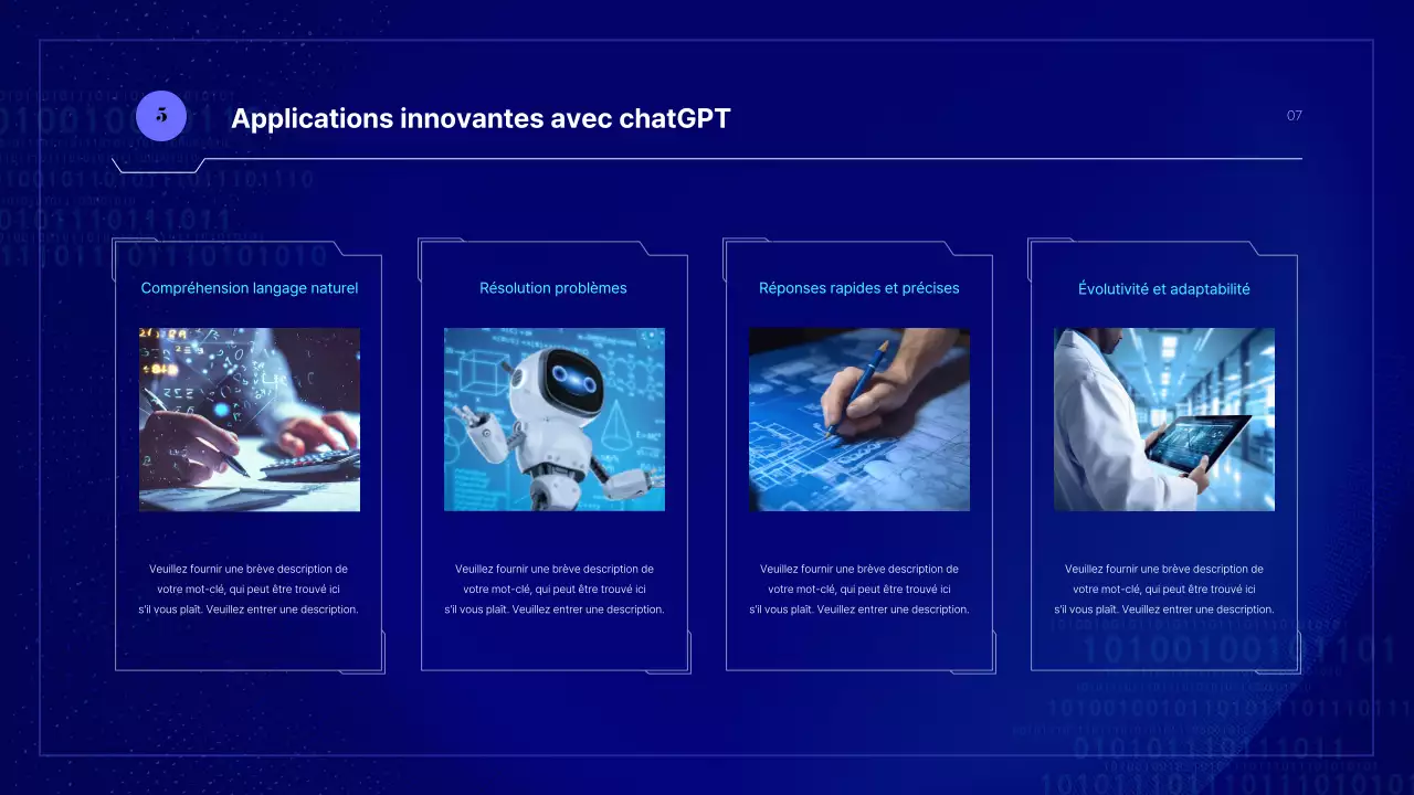 Présentation d'une IA cybernétique aux couleurs bleues et fluorescentes