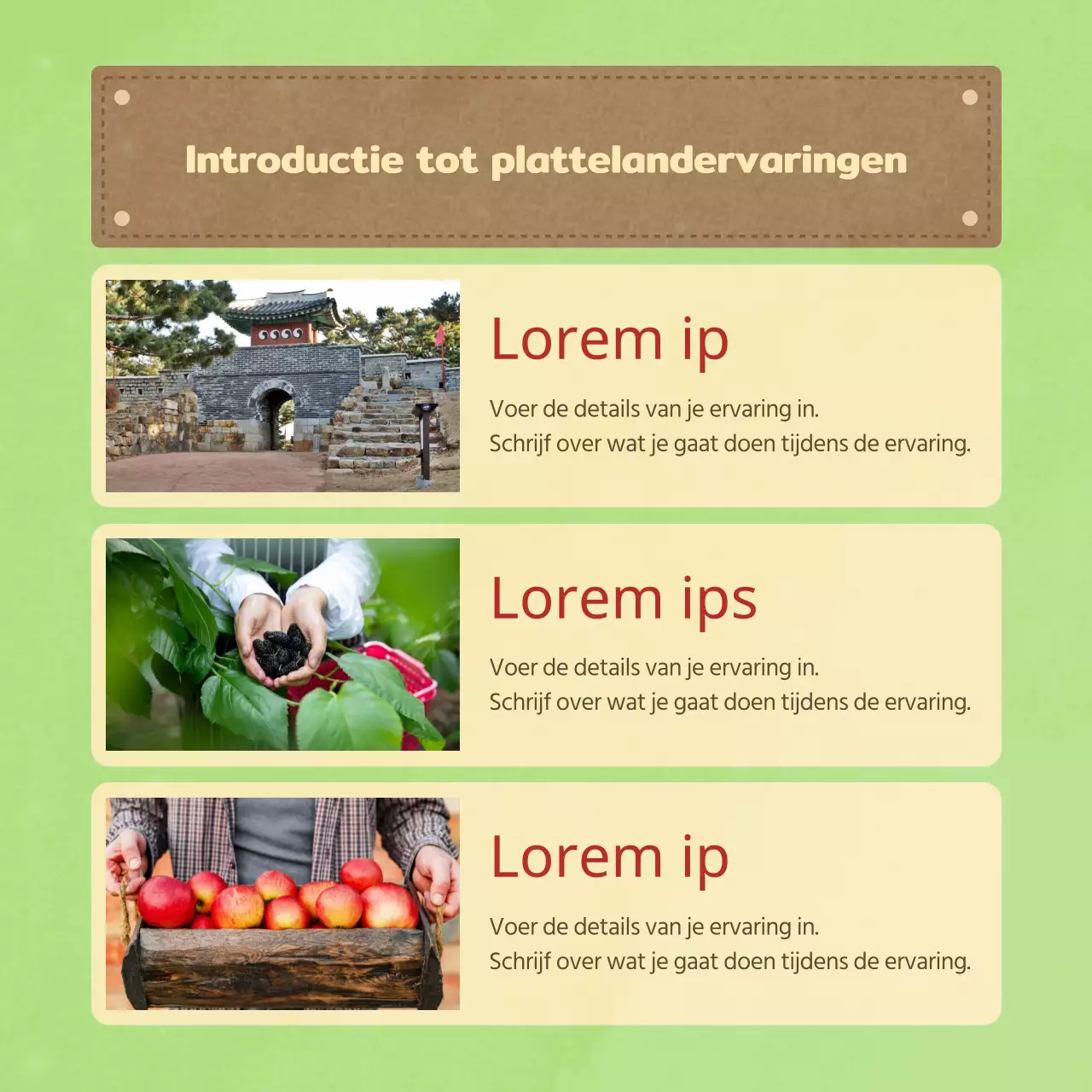 Promoot het eenvoudige dorpsprogramma voor plattelandsbeleving in lichtblauw en chartreuse