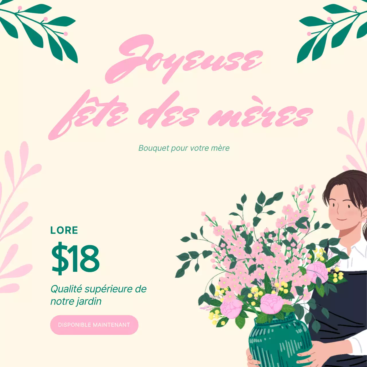 Bouquet de fleurs beige et vert charmant pour la fête des mères Publicité