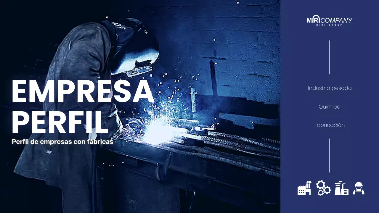 Carta de presentación de empresa con una fábrica moderna en blanco y negro y azul marino