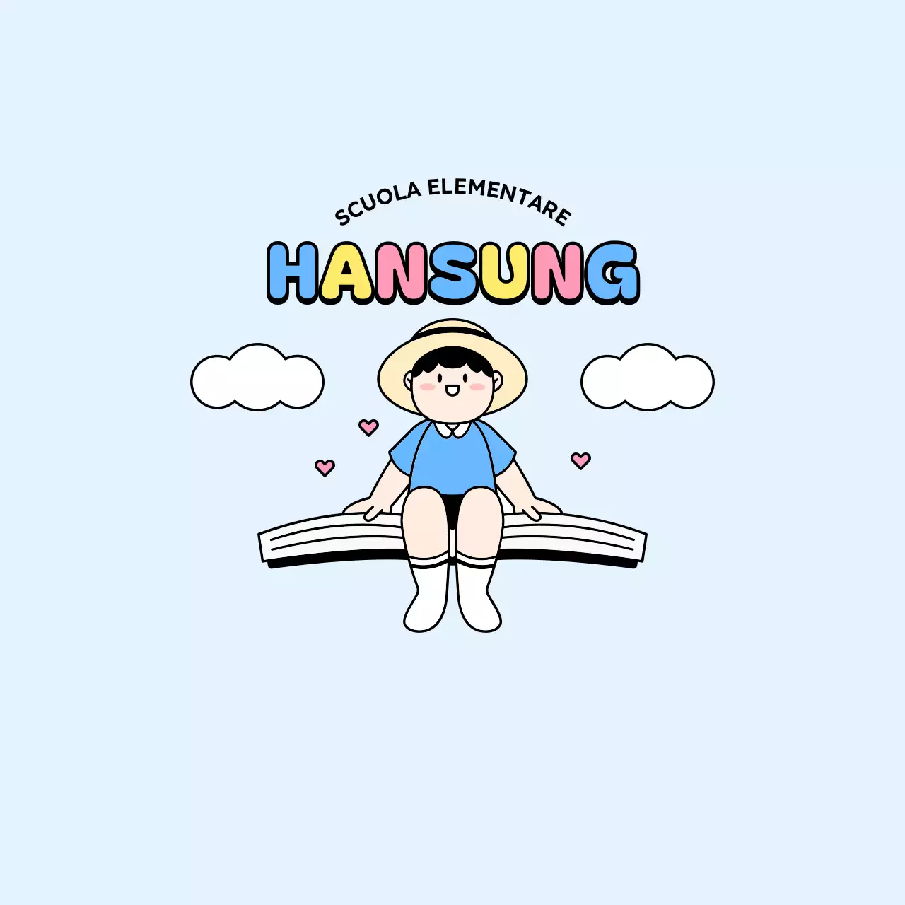 Disegno promozionale della scuola con un bambino seduto su un libro