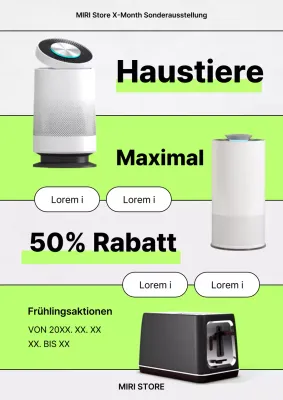 Eine trendige Rabattanzeige für Haushaltsgeräte in fluoreszierenden Farben und Chartreuse.