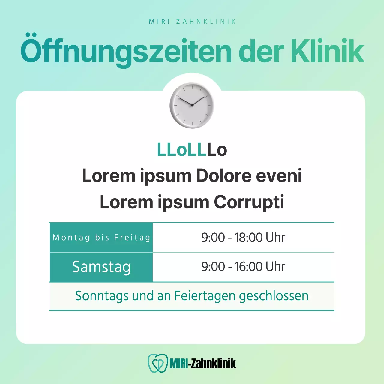 Einfache Ankündigung einer privaten Zahnarztpraxis in den Farben Mint und Chartreuse