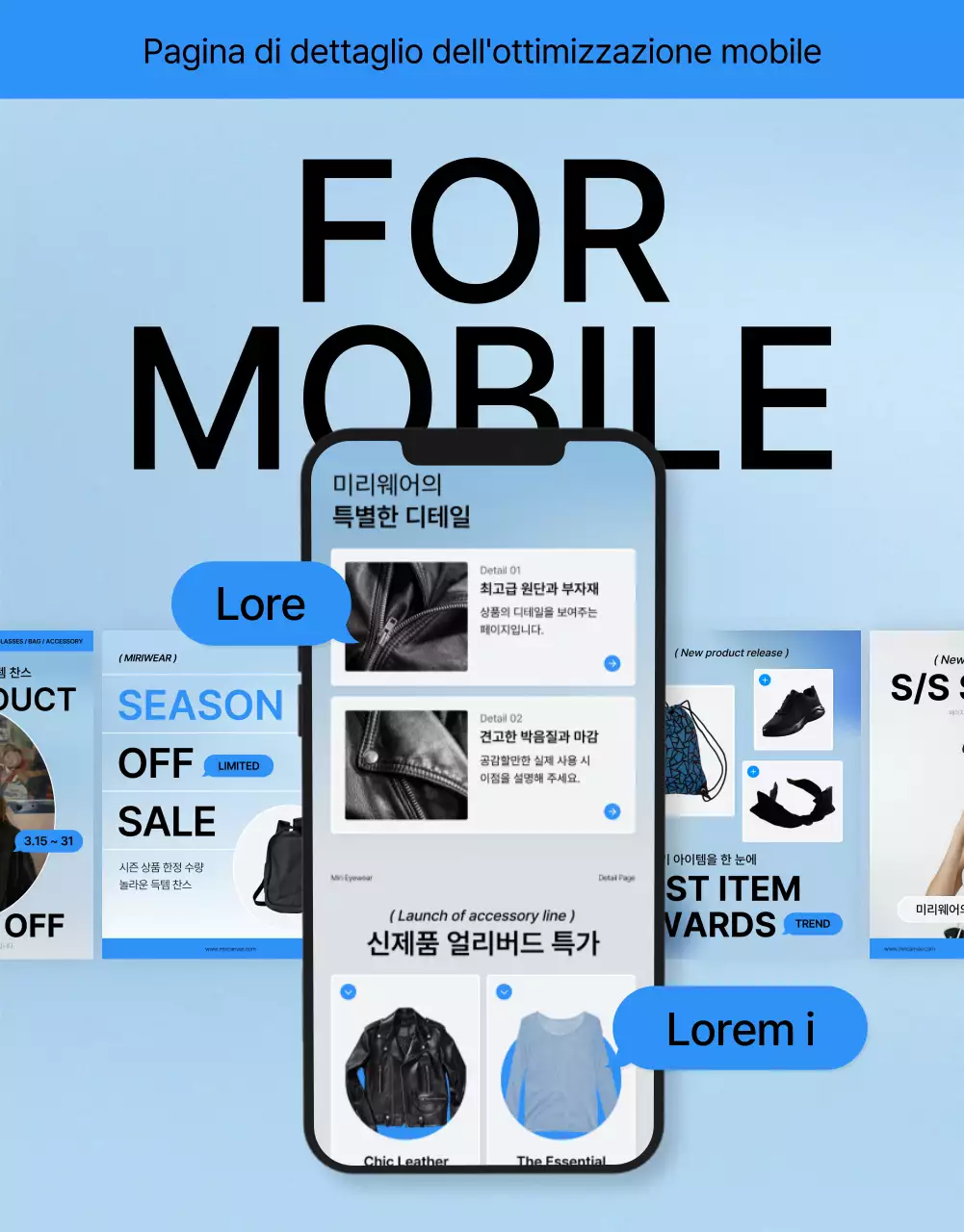 Promuovere una pagina di dettaglio mobile di moda blu e bianca di tendenza