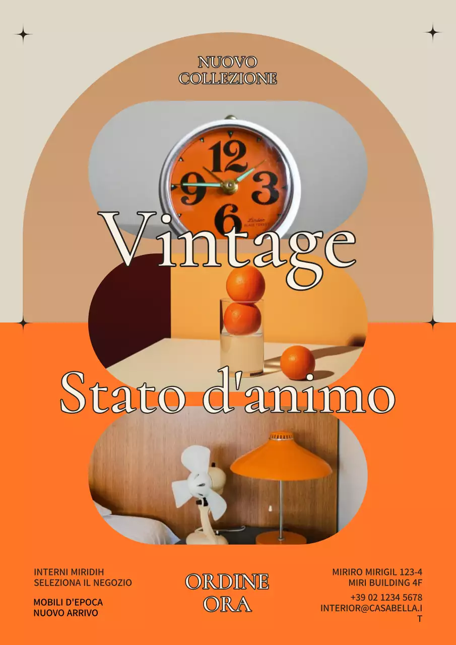 Pubblicità di un marchio di arredamento d'epoca in arancione e beige