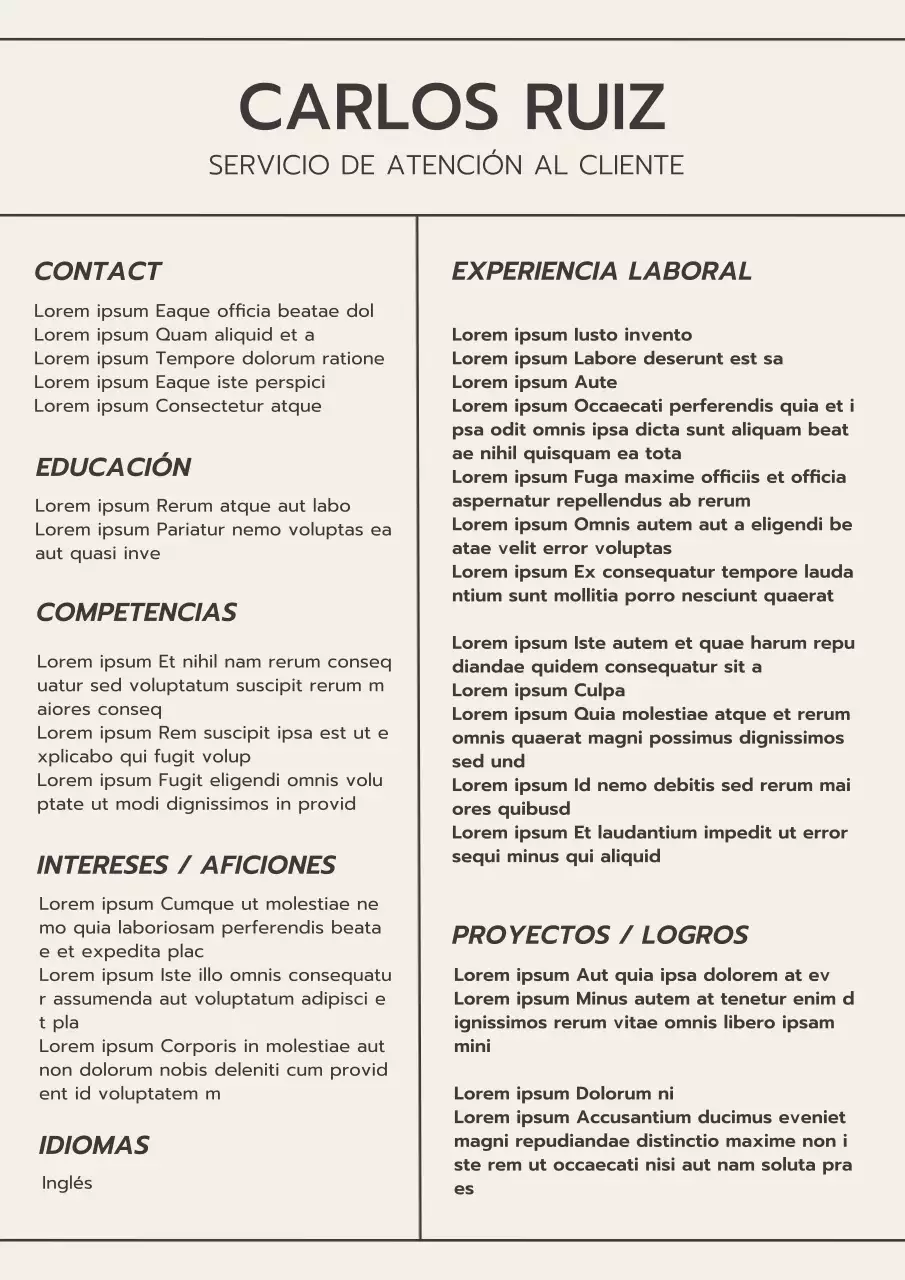 Beige y Gris Mínimo Gestor de Atención al Cliente Estética Introducción del Curriculum Vitae