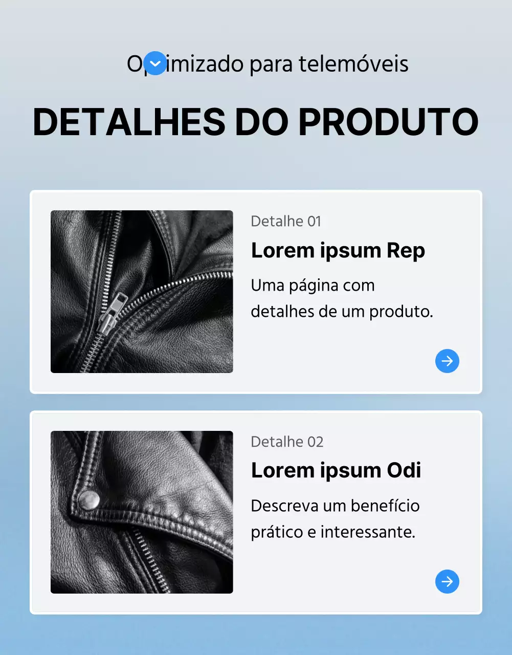 Descrever e promover os pormenores de uma página de pormenores da moda em azul e branco
