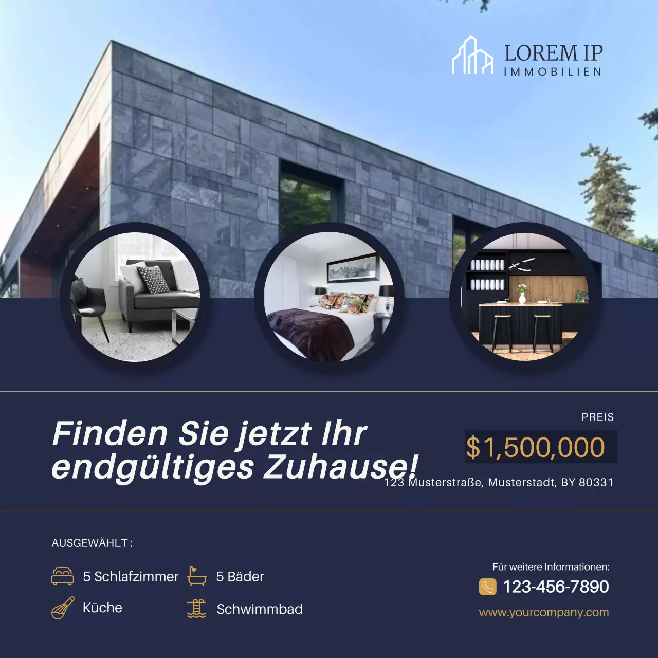 Blau und Gold Minimal Home For Sale Real Estate Instagram Post