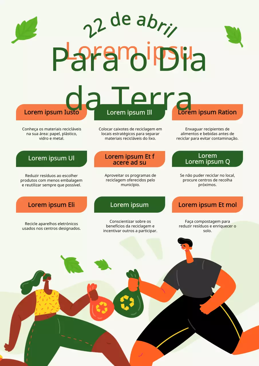 Dicas modernas de reciclagem verde e laranja para o Guia do Dia da Terra
