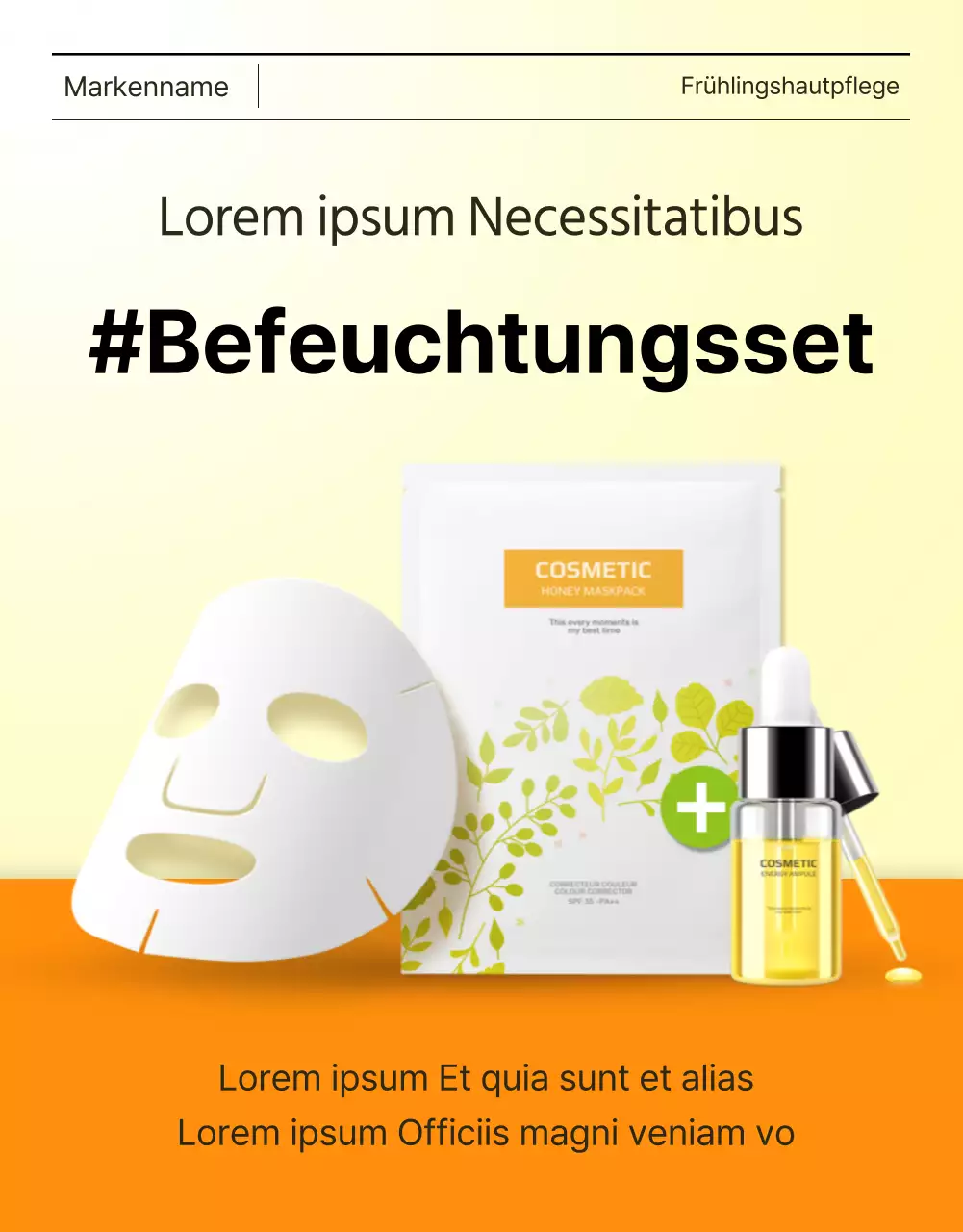 Einfache gelbe und orangefarbene Hautpflege-Kosmetik-Detailseite mit Anzeige