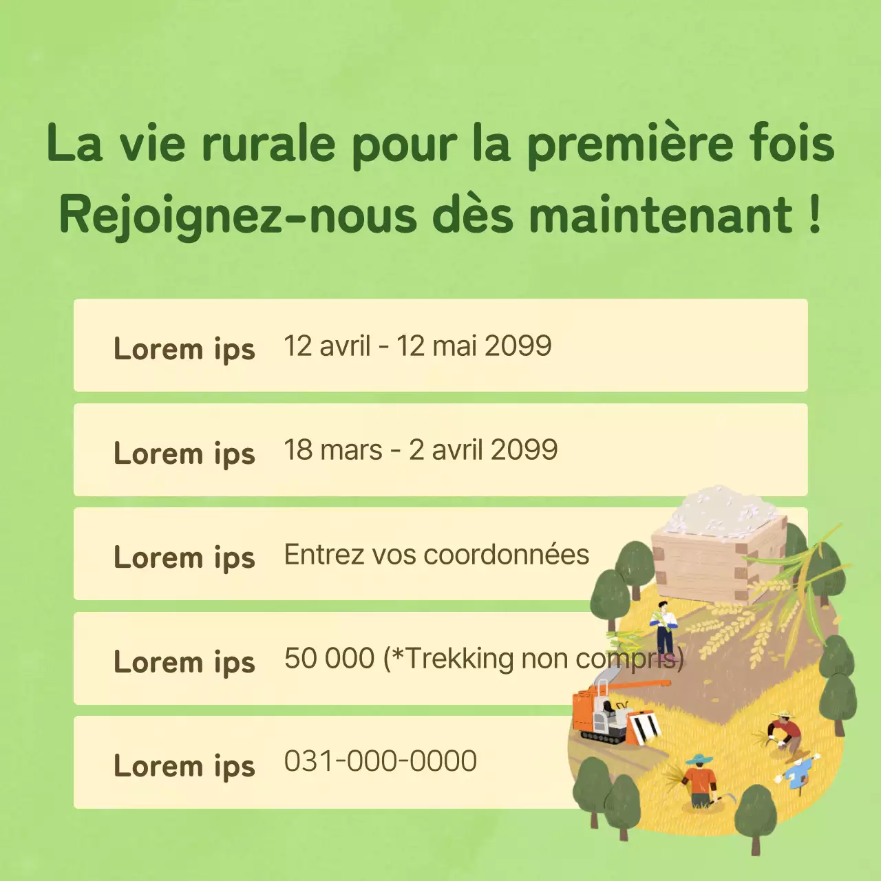 Promouvoir le programme des villages de l'expérience rurale simple en bleu clair et chartreuse