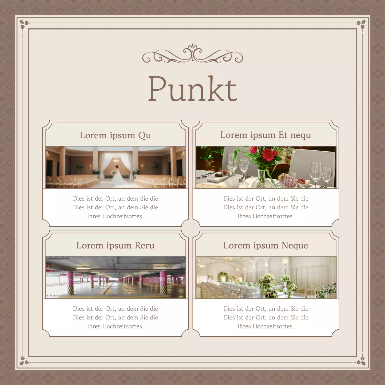 Werbung für eine klassische Hochzeitslocation in Beige und Elfenbein